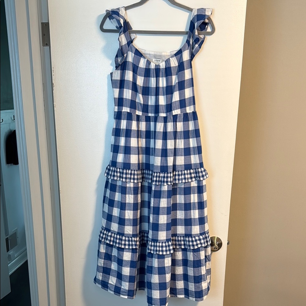 J Crew Blue & White Gingham Midi Dress Size S